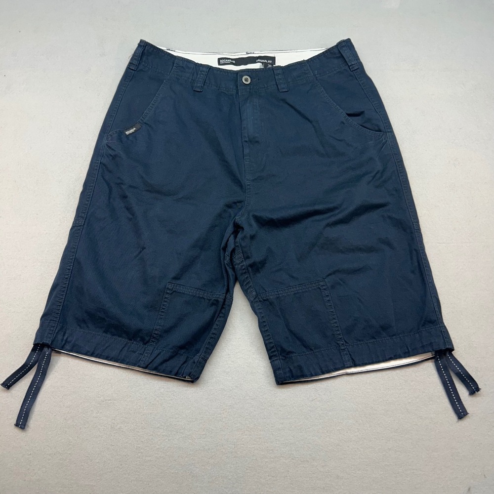 Rocawear Mens Navy Blue Original Fit Cargo Shorts Size 36 Cotton Drawstring Hem